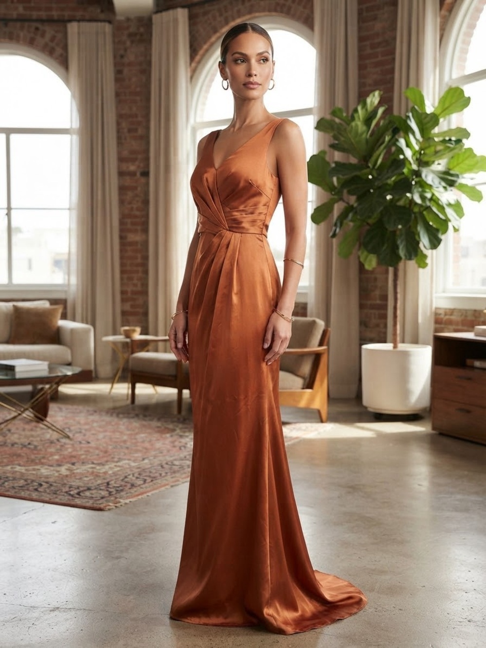 Copper Satin V-Neck Prom Gown